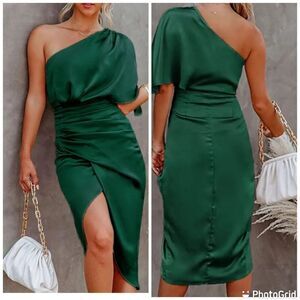NWT Cupshe Satin Dress Backless One Shoulder Short Sleeve Cocktail Party Dress